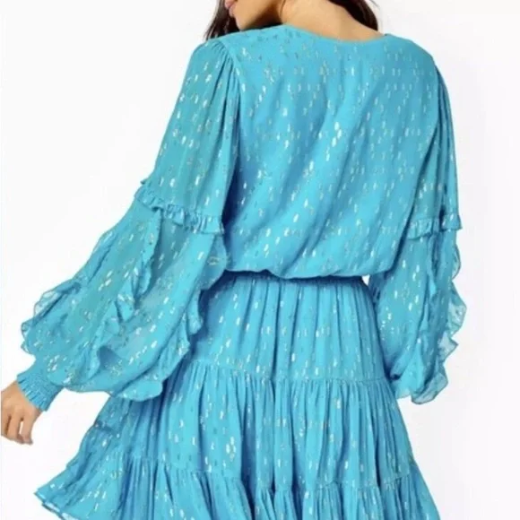 NWT Lilly Pulitzer Women's Turquoise Oasis Metallic Heline‎ Ruffle Dress - Picture 6 of 12